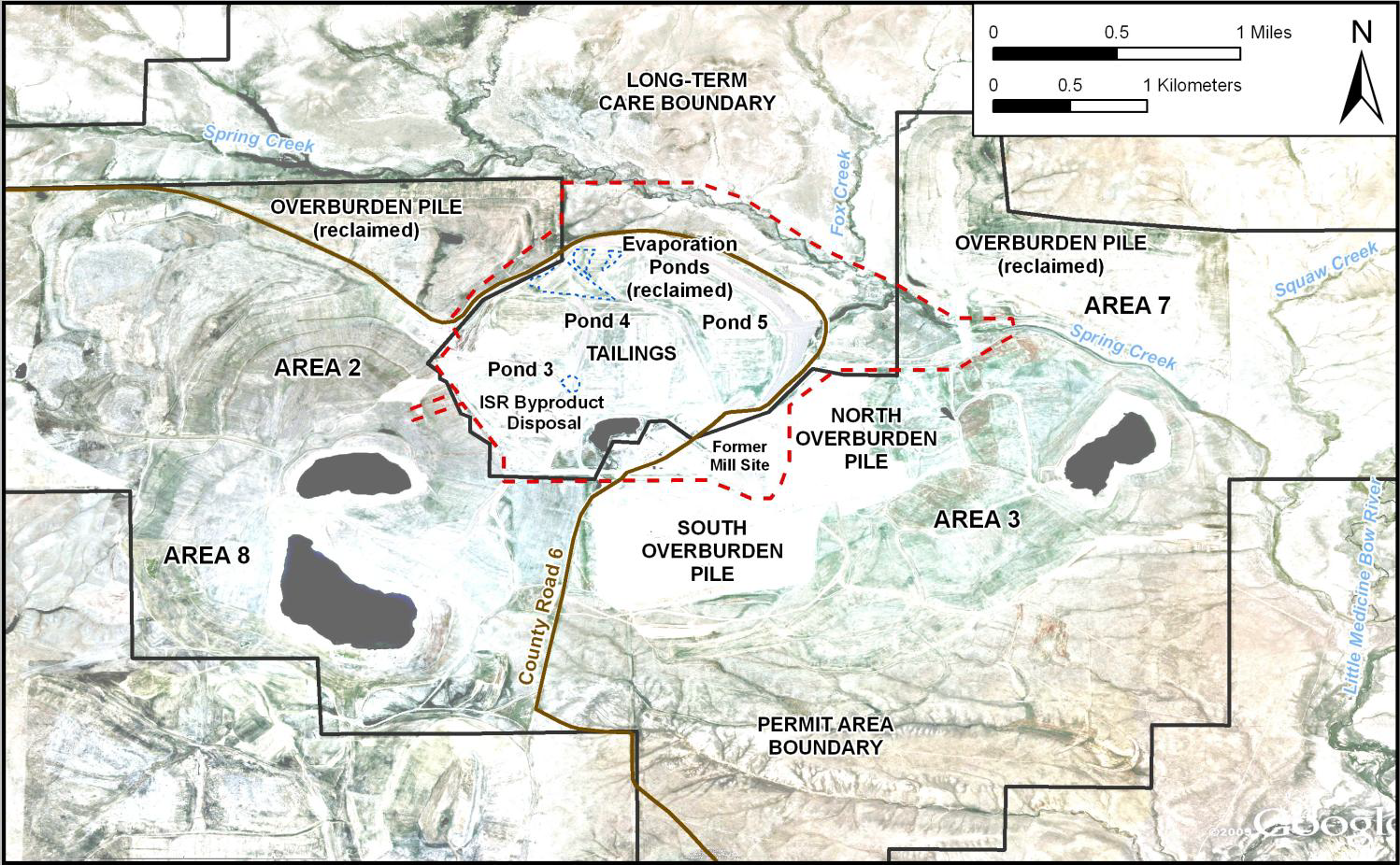 Figure 2. Shirley Basin Site Layout. 
Source: Pathfinder Mines Corporation. “Shirley Basin Mine Tailings Reclamation Plan.” Volume 2. Mills, Wyoming: Pathfinder Mines Corporation. 1993
